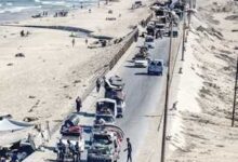 عربات تنقل فلسطينيين تتحرك فى مخيم النصيرات خلال النزوح من شمال غزة